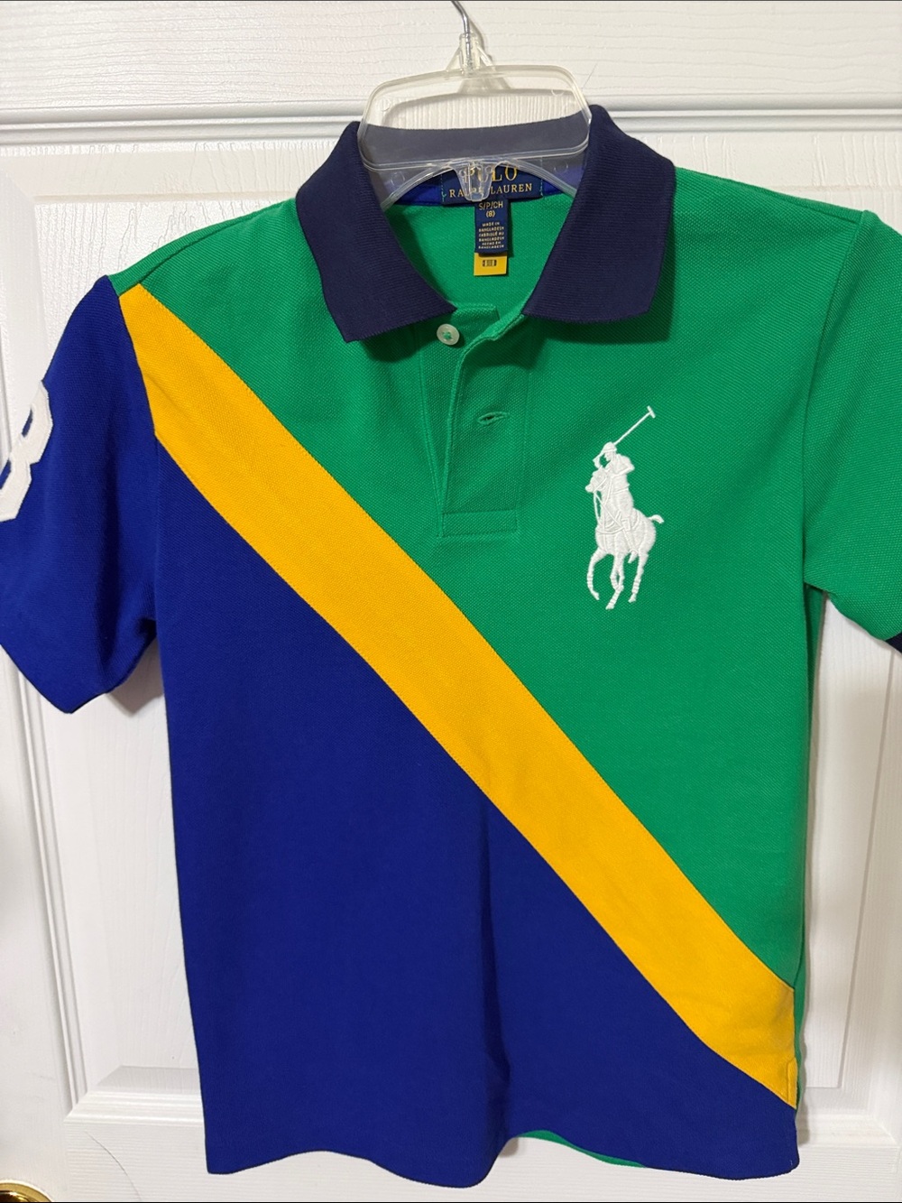 Ralph Lauren Kids Green, Blue & Yellow Polo with Navy Collar Size 8